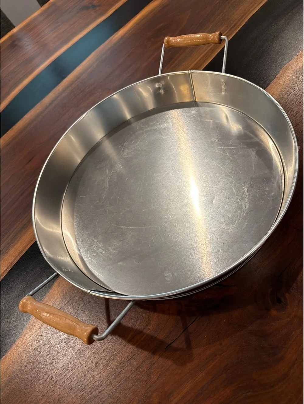 Spritz Metal Tray with Wood Handles, 14 in Diameter